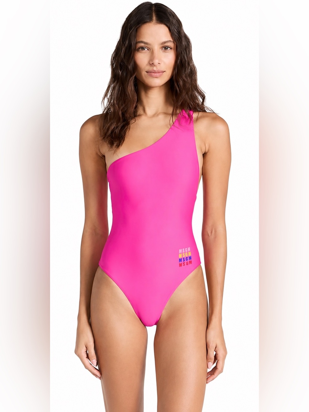 MSGM Neon Pink One Shoulder Logo Swimsuit NWT Size S Barbiecore 💕 Summer
